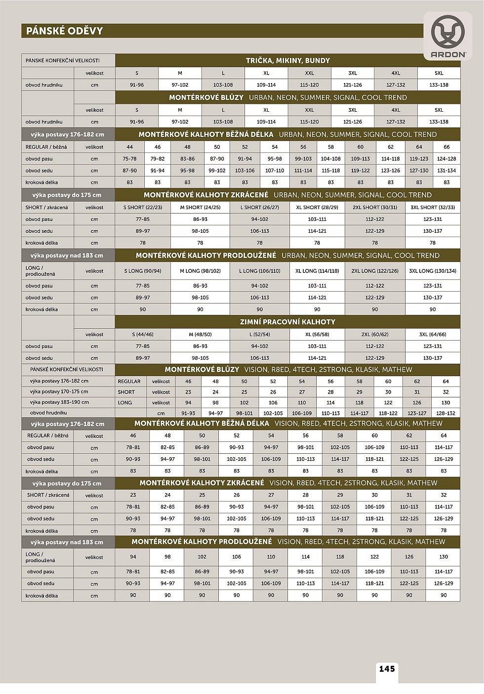 Velikostní tabulka ARDON